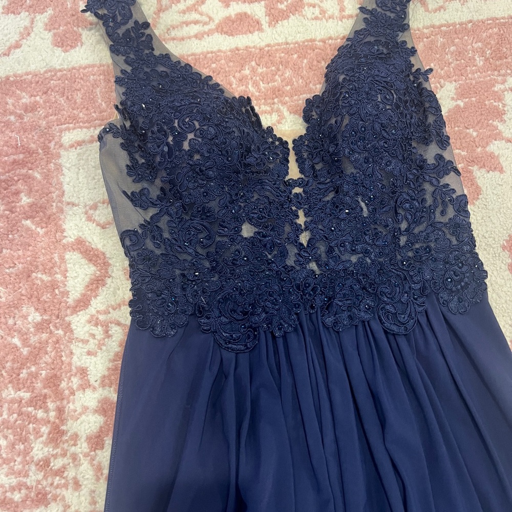 Sherri Hill Navy Blue Lace Prom Dress